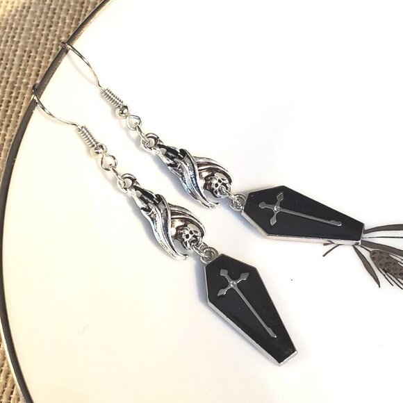Goth Vampire Coffin Midnight Black Hanging Bat Silver Cross Enamel Earrings - Picture 1 of 8